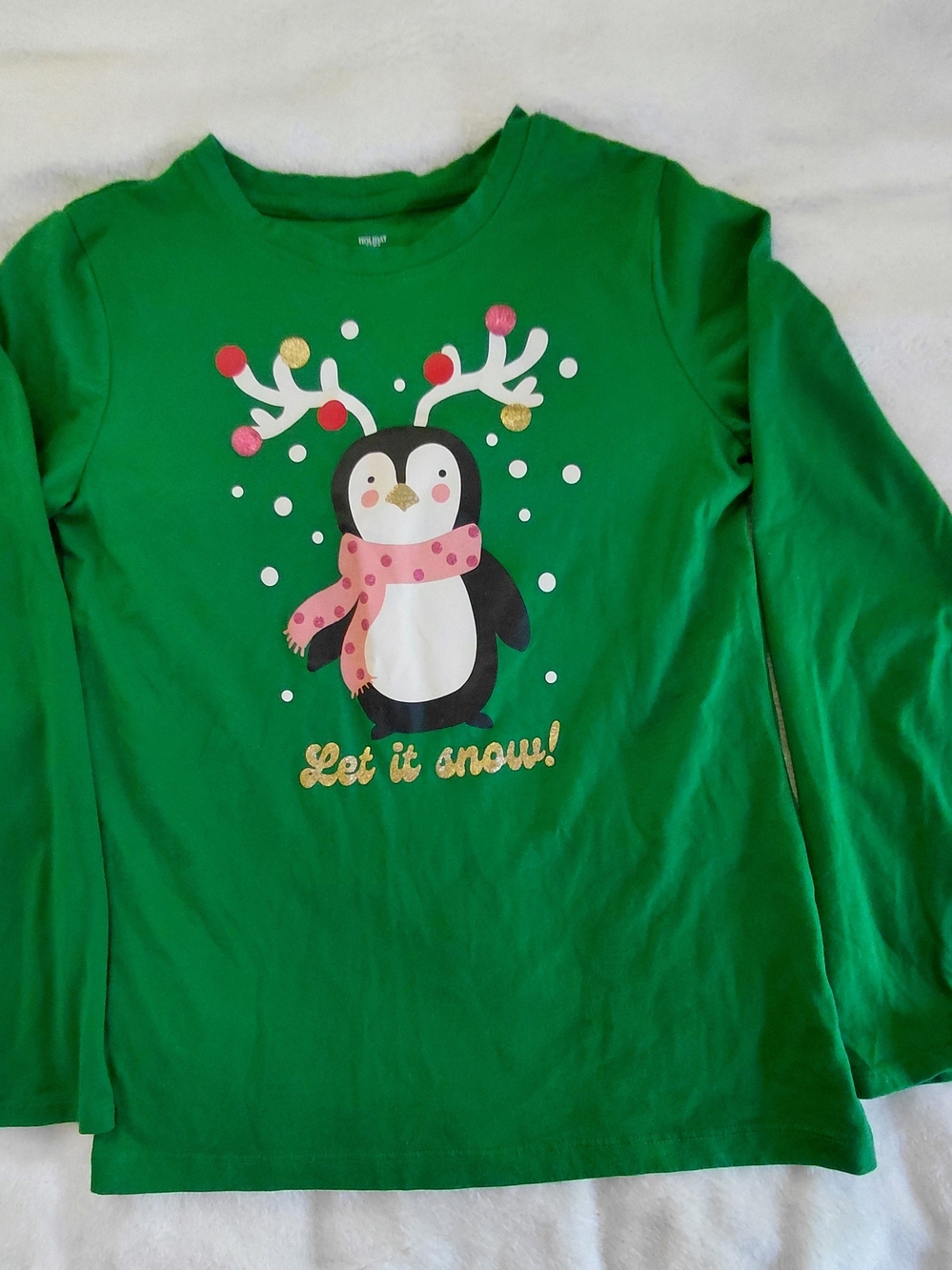 Holiday Time Girls Green Long Sleeve Tee with Penguin and Pink Scarf